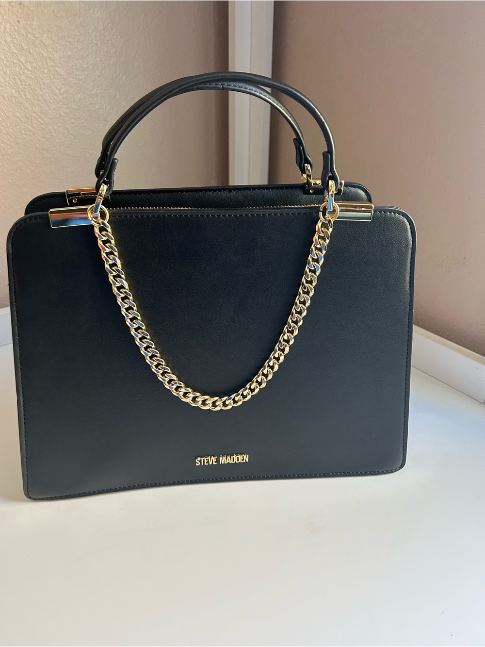 Steve Madden Black Leather Satchel with Gold Chain Strap
